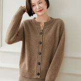 Round Neck Button Front Long Sleeve Cashmere Cardigan Tops